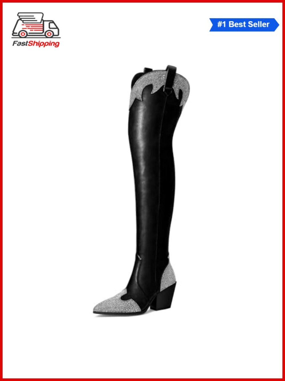 ✨Thigh High Cowboy Boots Pointed Toe Chunky Heel Rhinestone Women's
